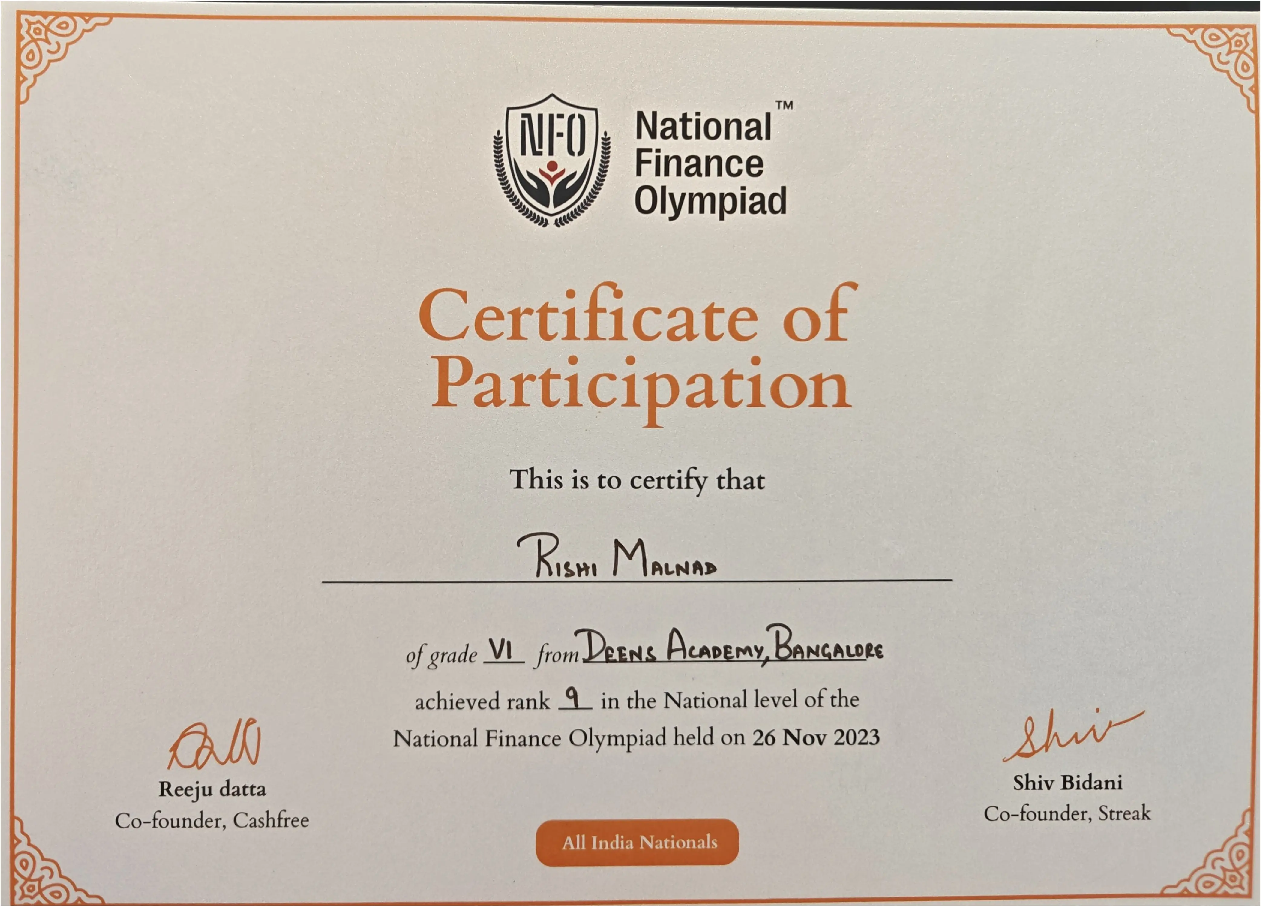 National Finance Olympiad - All India Rank 9 Certificate (Grade 6 - 2023/24)